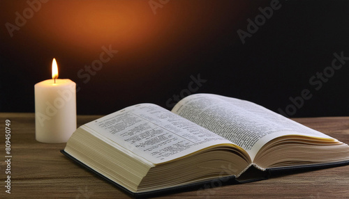 A candle burns next to an open Bible