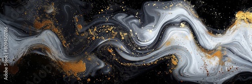Black and white swirling marble with golden accents forms an abstract art background with fluid lines and dots.