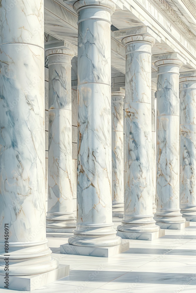 A row of classical marble columns, each column representing one pillar in the justice system, set against a white background with soft shadows and highlights on the pillars.