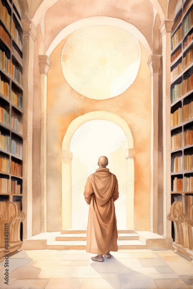 A solitary monk in watercolor, standing before an ancient library, wisdom in the stillness, soft color, watercolor cartoon