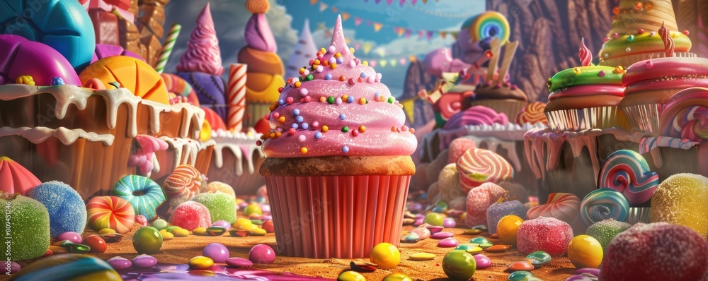 Naklejka premium Enchanted candy landscape with cupcake centerpiece