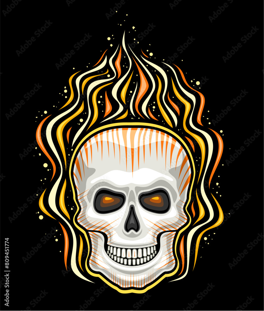 Vector logo for Burning Skull, decorative sign with illustration of devilish fiery skull with glowing eyes, retro cartoon design style of yellow burning skull for motorbike decor on black background Vector logo for Burning Skull, decorative sign with illustration of devilish fiery skull with glowing eyes, retro cartoon design style of yellow burning skull for motorbike decor on black background