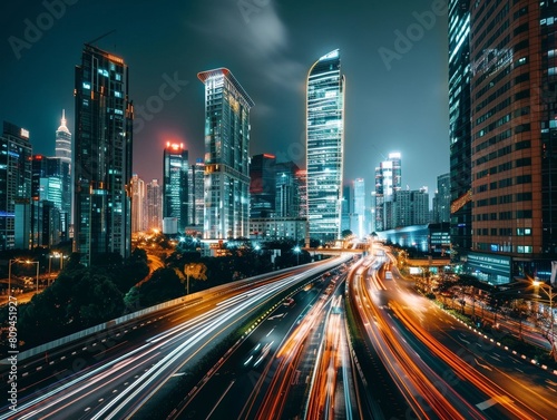 Vibrant Nighttime Cityscape with Light Trails and Skyscrapers