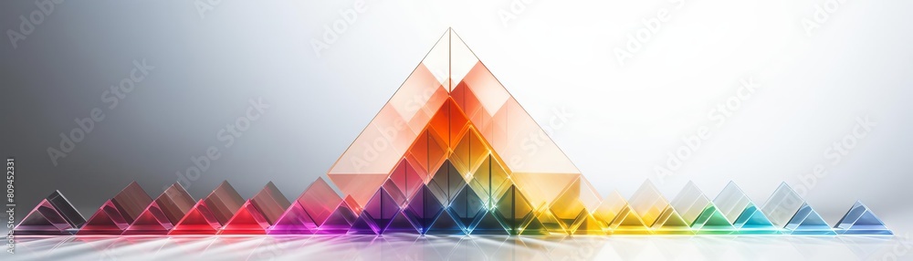 Fototapeta premium Stunning photo of a prism on a white background, splitting a beam of light into a spectrum of colors, ideal for educational and scientific content