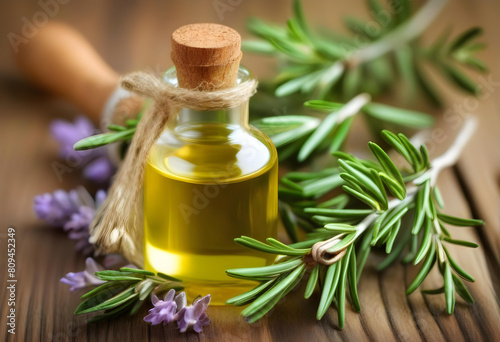 A bottle of rosemary essential oil on a wooden background with fresh rosemary and lavender flower
