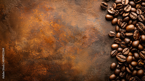 A close up of coffee beans on a brown background