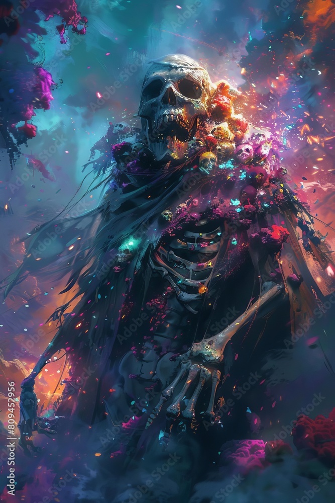 Fantasy necromancer bathed in moonlight explores a black space landscape with glowing stars Fantasy necromancer bathed in moonlight explores a black space landscape with glowing stars