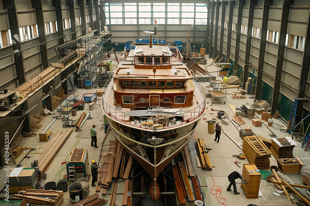 Workers assemble intricate components, building a bespoke luxury yacht in specialized workshop.