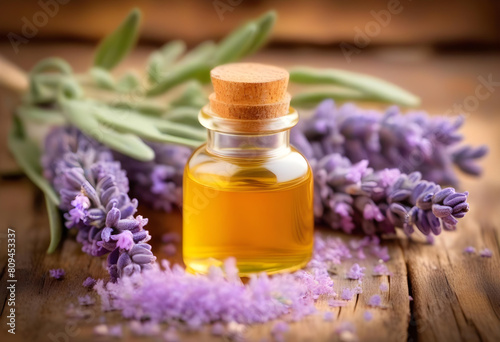 A close-up photo of a lavender flower with a bottle of essential oil on a wooden background