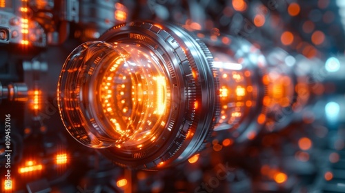 close-up of a glowing quantum processor core in a high-tech lab setting  styled like a hyper-realistic photograph