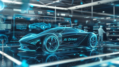 cutting-edge automotive design studio in a futuristic style, featuring engineers using AI to model hyper-efficient vehicles © Exnoi