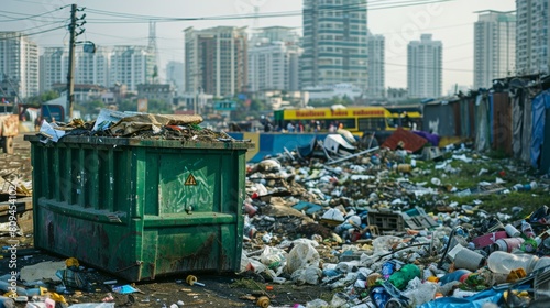 Overflowing dumpster and scattered trash depict urban pollution photo