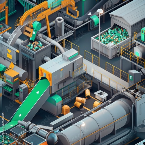 dynamic scene of a modern waste management facility in a 3D digital art style  focusing on recycling and waste reduction technologies