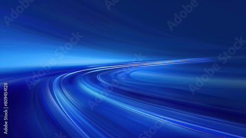 Obraz na płótnie An abstract blue background with blurred stripes and light stripes on the horizon. The lines resemble a highway, with a focus on smooth curves that represent technology and communication concepts. w salonie