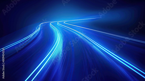 An abstract blue background with blurred stripes and light stripes on the horizon. The lines resemble a highway, with a focus on smooth curves that represent technology and communication concepts. © 沈军 贡