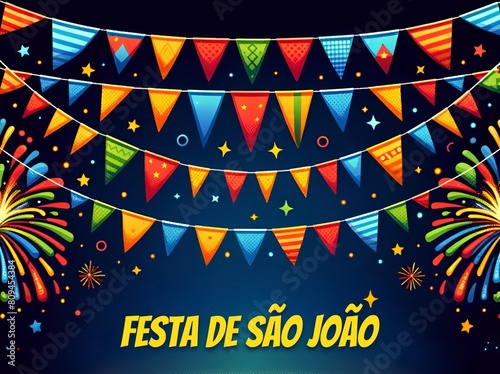 Illustration for sao joao with colorful bunting and fireworks in a dark night sky. photo