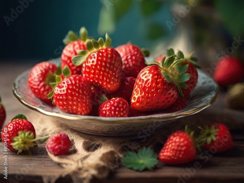 close-up  ripe strawberries on a small plate  blurred background