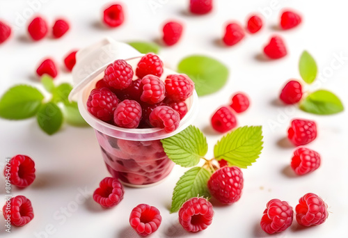 A plastic cup full of red raspberries on a white table