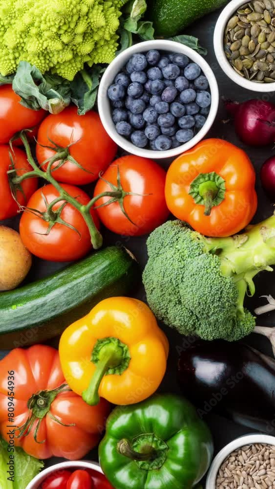 Vertical video. Healthy eating ingredients: fresh vegetables, fruits and superfood. Nutrition, diet, vegan food concept. Vertical video. Healthy eating ingredients: fresh vegetables, fruits and superfood. Nutrition, diet, vegan food concept.