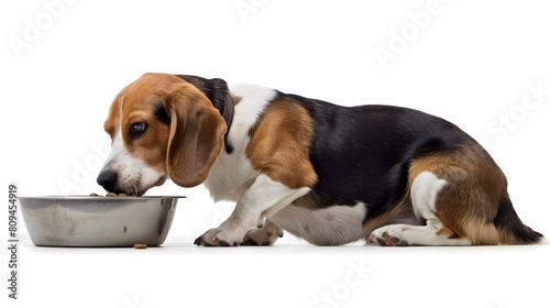 Beagle Dog Eating from Bowl on White Background