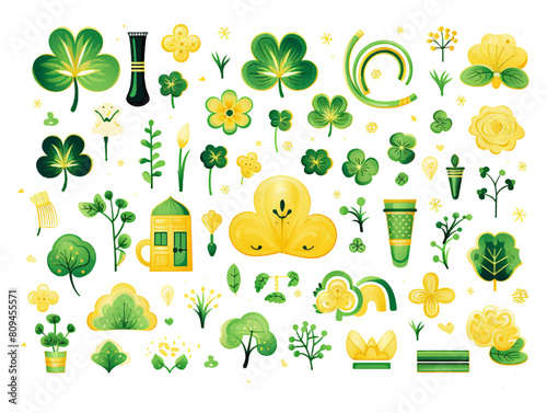 Saint Patrick's Day, St Patty sticker vector set. Luck symbols, green beer, hand holds three and four-leaf clover, a wicker basket full of shamrock, rainbow with a pot of leprechaun gold on the end