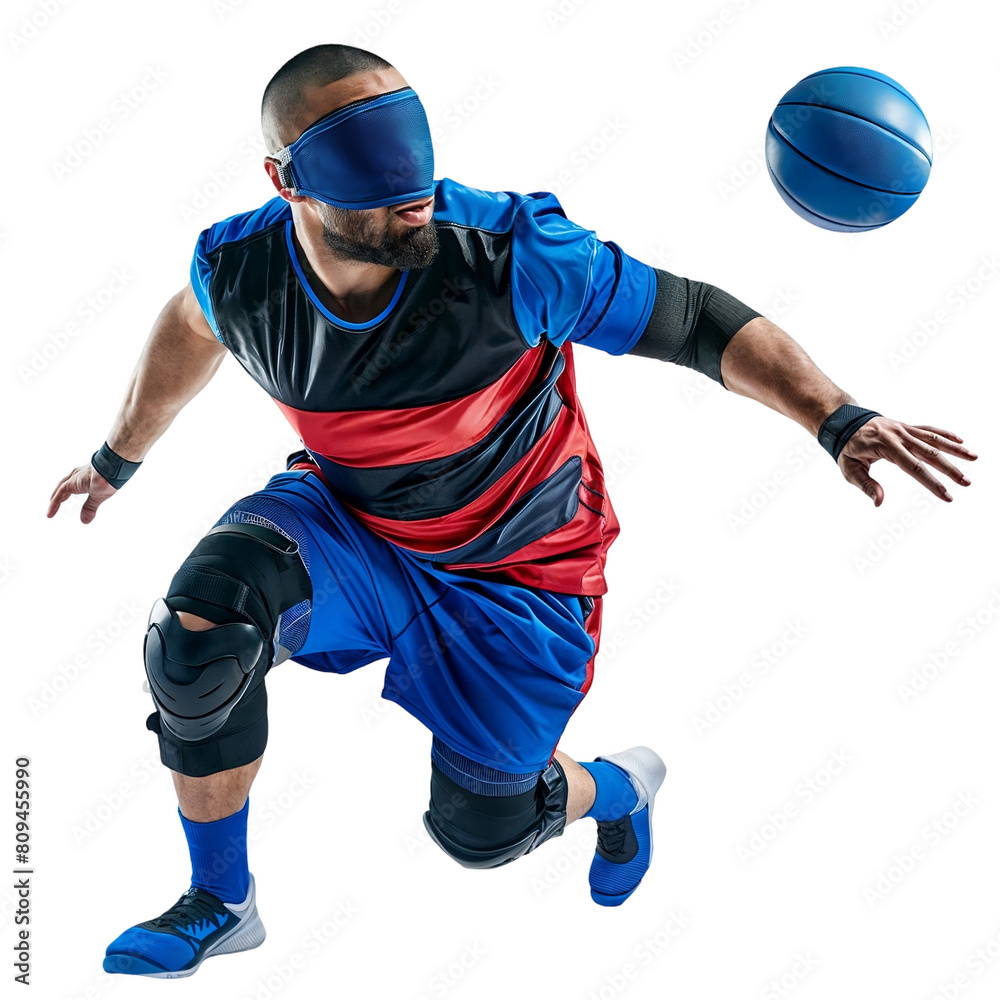 A blind athlete playing with a ball on transparent background. Goalball ...