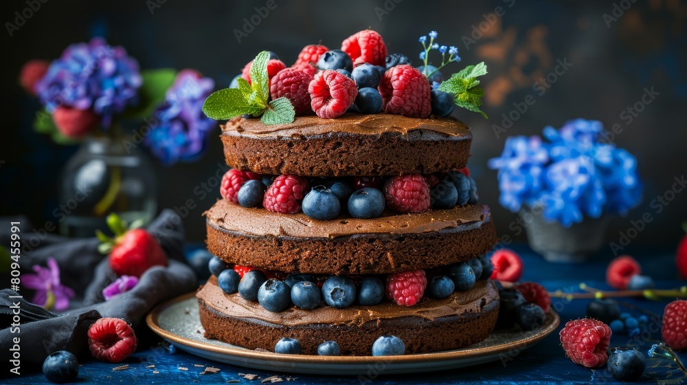   A tight shot of a cake on a plate, adorned with berries and blue raspberries atop