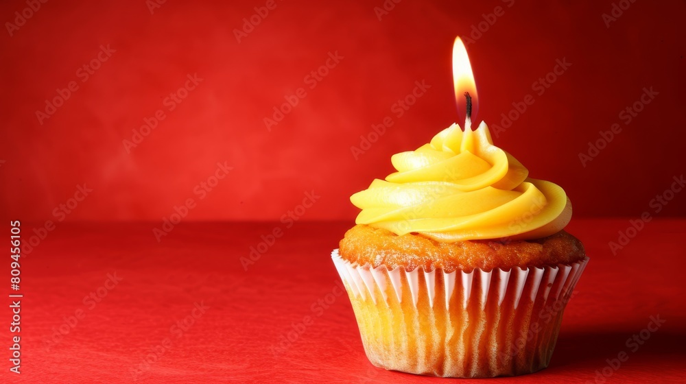 A cupcake with yellow frosting and a singular candle upright in its center on a red background A cupcake with yellow frosting and a singular candle upright in its center on a red background
