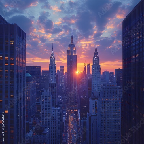 Majestic Skyscrapers Silhouetted Against a Dramatically Backlit Sunset in Awe Inspiring Urban photo