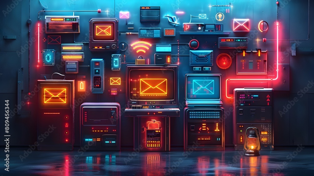 Vibrant Futuristic Courier Service Shipping and Delivery Digital Collage with Bold Neon Icons and Vibrant Futuristic Courier Service Shipping and Delivery Digital Collage with Bold Neon Icons and