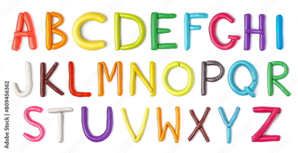 English alphabet made of play dough on white background