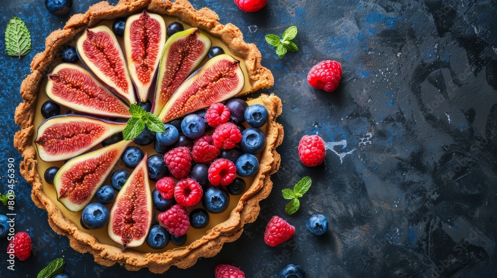   A pie, featuring a blend of blueberries and raspberries, rests atop a dark backdrop Surrounding the dessert are fresh mint leaves and scattered berries