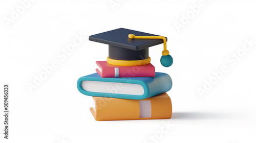 A stack of books with a purple hat on top. The hat is a graduation cap. The books are colorful and arranged in a pyramid shape. Concept of education and achievement