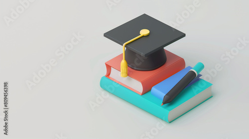 A stack of books with a purple hat on top. The hat is a graduation cap. The books are colorful and arranged in a pyramid shape. Concept of education and achievement