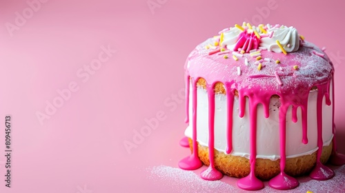   A tight shot of a cake adorned with icing and sprinkles atop, against a backdrop of soft pink