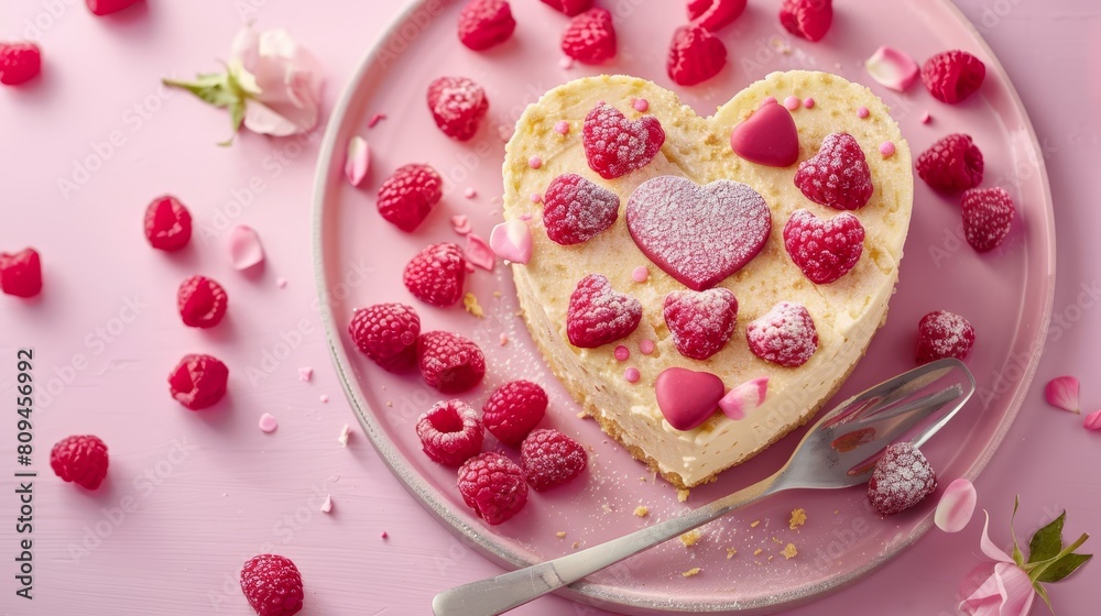 A heart-shaped cake on a pink plate, surrounded by scattered raspberries, with a fork placed nearby A heart-shaped cake on a pink plate, surrounded by scattered raspberries, with a fork placed nearby
