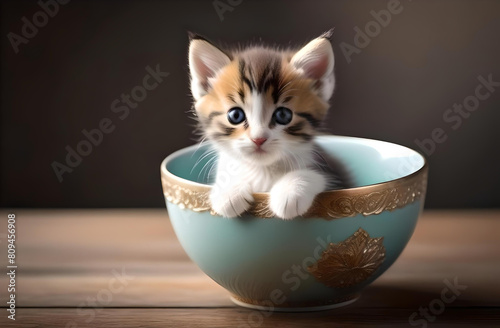 Kitten in a mug with space for text © Анастасия Мулюкова