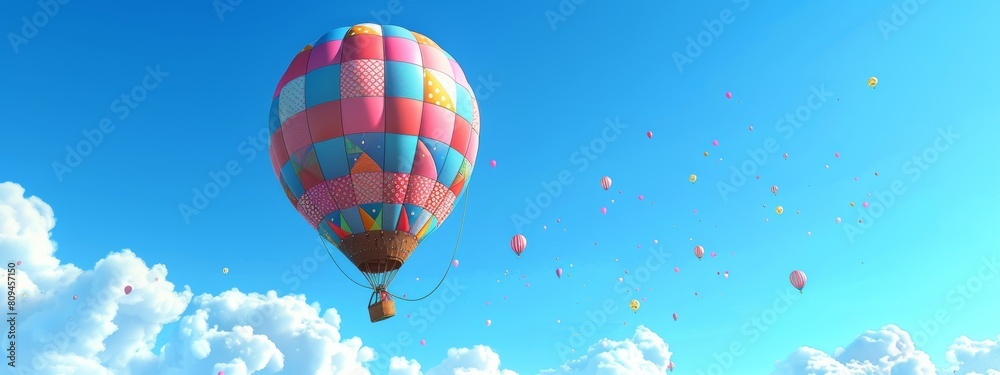 Fototapeta premium A playful illustration of a hot air balloon decorated with a patchwork of different patterns, soaring through a clear blue sky.