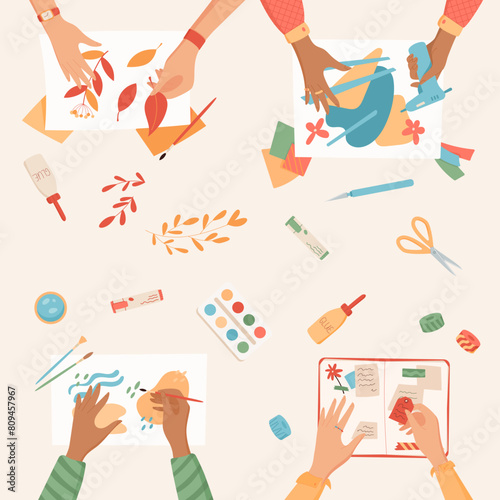 Flat handmade craftwork art class background, creative handcraft top view illustration, hands create handicraft hobby activity collection, colorful children craft work social media banner concept.
