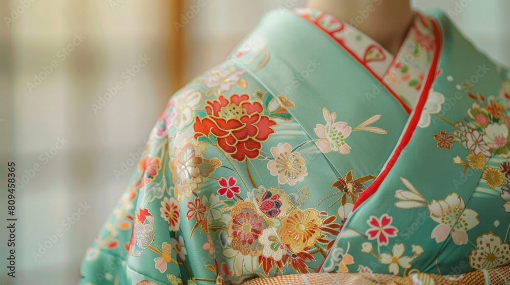 A traditional Japanese kimono adorned with a delicate floral or geometric pattern, showcasing the beauty of craftsmanship.