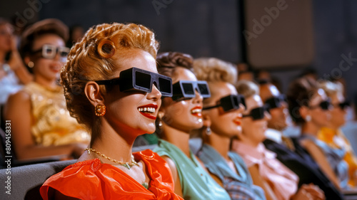vintage people watching movie in the cinema wearing 3d black lens glasses
