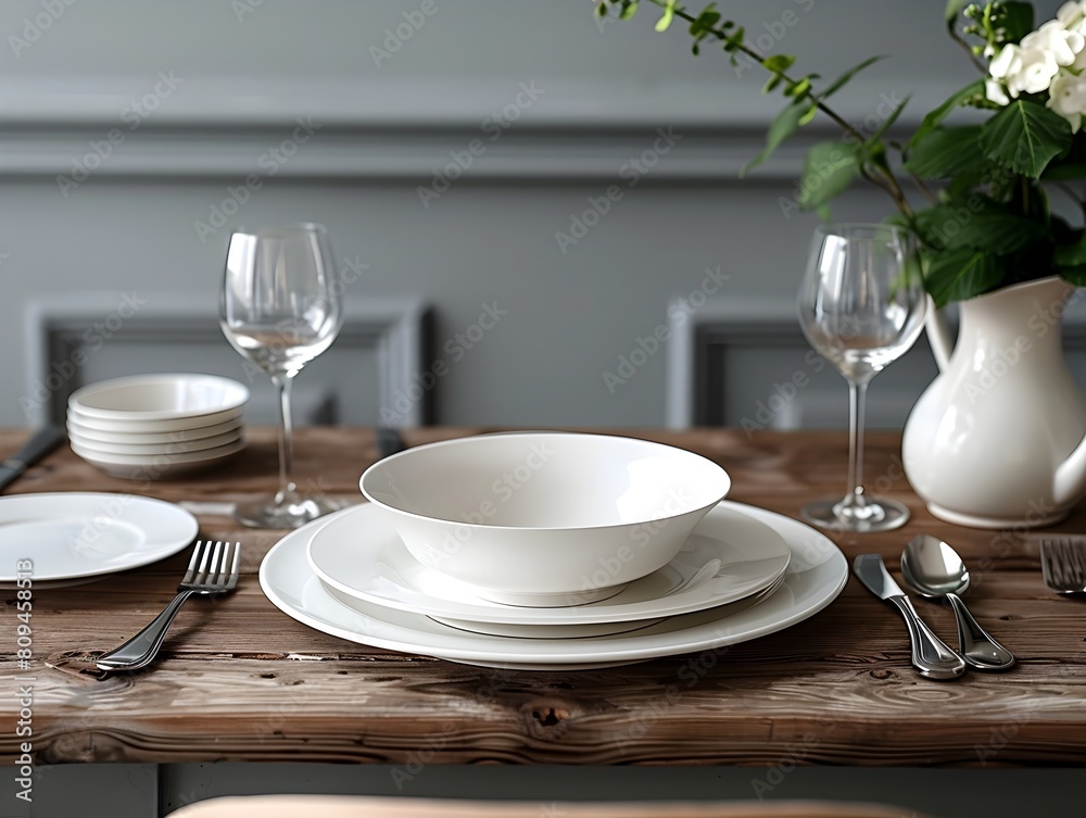 Minimalist Tableware Arrangement on Wooden Dining Table with Natural Lighting Minimalist Tableware Arrangement on Wooden Dining Table with Natural Lighting