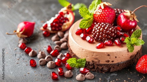   A tight shot of a cake on a table  adorned with strawberries and pomegranates nearby