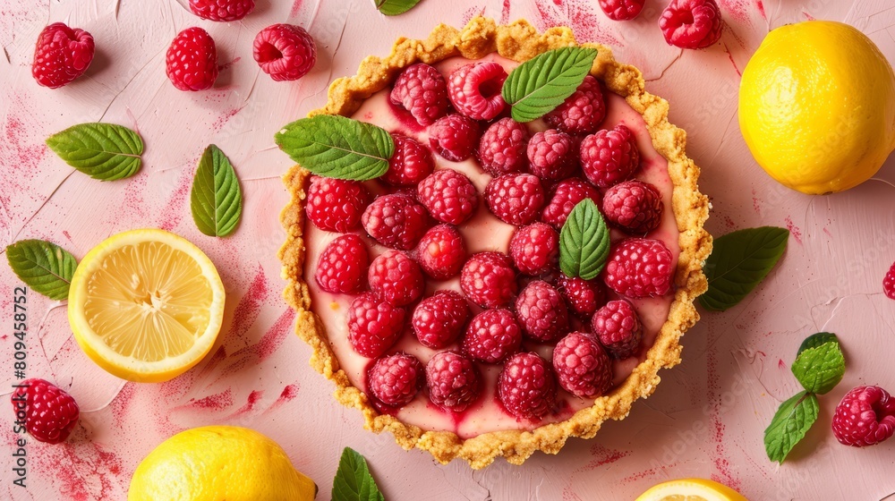 A pink surface pie topped with raspberries and mint leaves Surrounded by lemons and additional raspberries A pink surface pie topped with raspberries and mint leaves Surrounded by lemons and additional raspberries