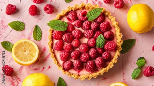  A pink surface pie topped with raspberries and mint leaves Surrounded by lemons and additional raspberries