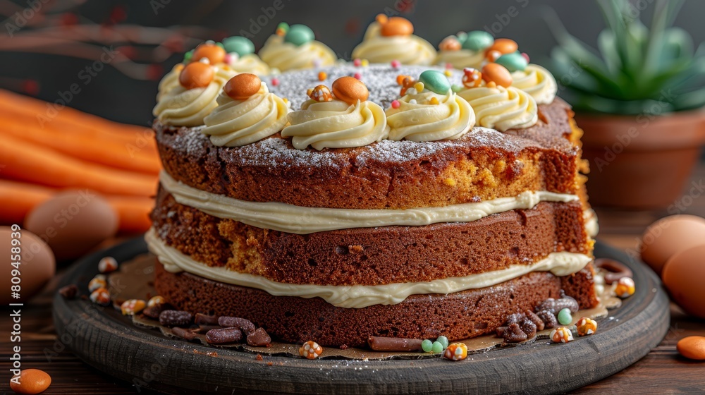 A tight shot of a cake on a plate, situated on a table Behind the scene, carrots and an egg rest in the backdrop A tight shot of a cake on a plate, situated on a table Behind the scene, carrots and an egg rest in the backdrop