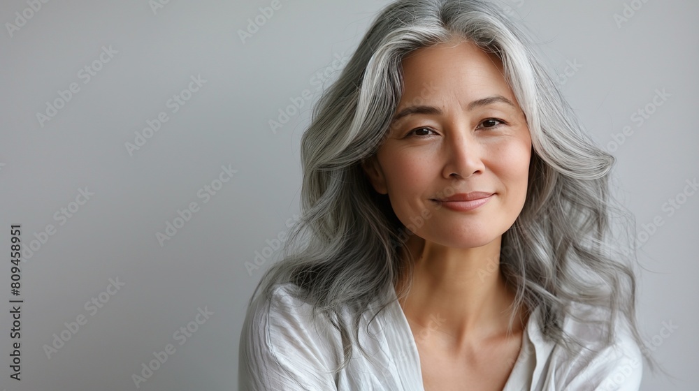 A beautiful Asian woman with long gray hair looks directly at the camera. Advertising of age-related cosmetics, hair products, iconic beauty industry