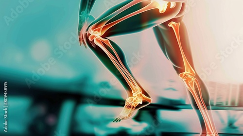 Man runs, human legs with x-ray effect. Bones, especially the knees and feet, are highlighted in red, sore joints and knees. Problem of joint diseases, medical topics. Painful joints photo
