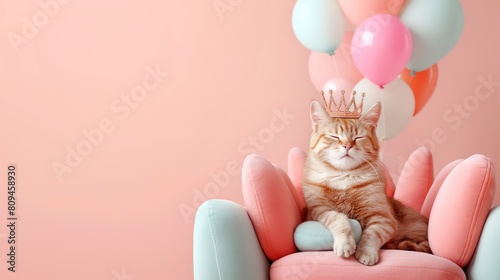 The greatest fluffy red queen of cats with a crown on her head sits importantly and with dignity on a soft pink throne 