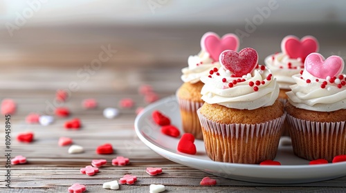  A wooden table holds a plate of cupcakes, each topped with white frosting and red sprinkles